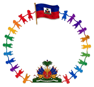 Logo AJCDL : ronde d'enfants multicolores se tenant la main autour du drapeau et des armoiries d'Haïti